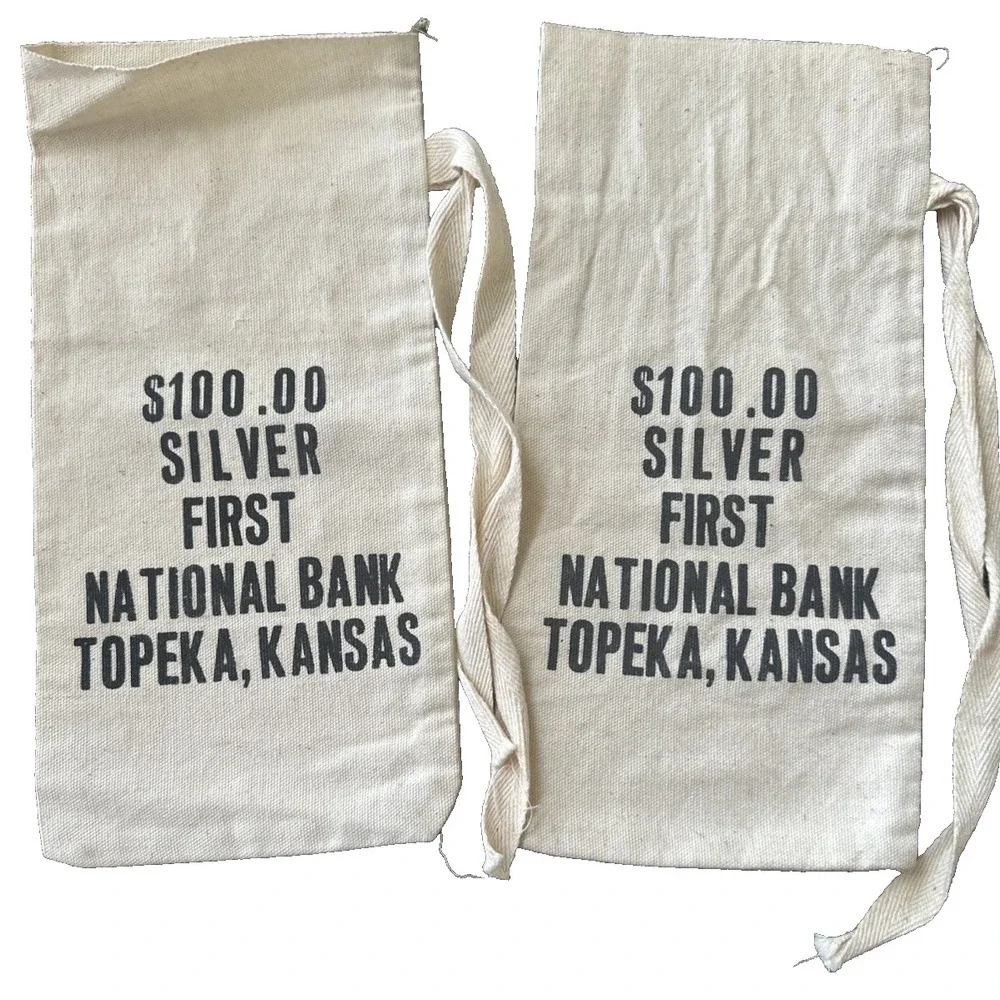 2 Vintage Bank $100 Silver First National Bank Topeka Kansas Canvas Money Sack